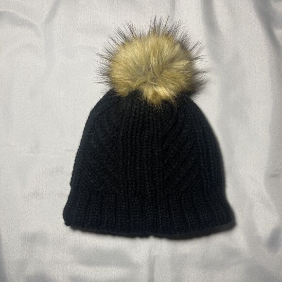 Womens Chaos Beanie Black Fleece Lined Faux Fur Pom Hat One Size Knit Watch Cap - Picture 3 of 6